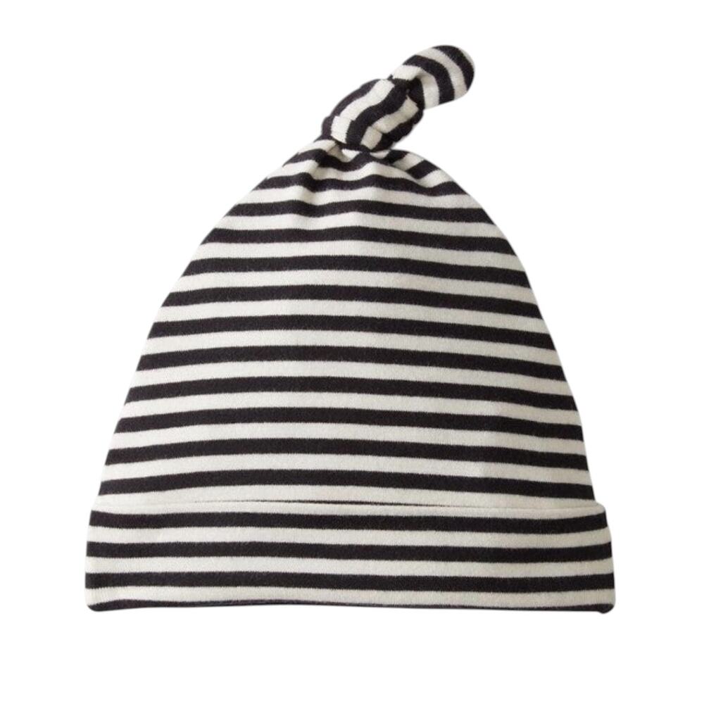 Hanna Andersson Organic Cotton Knotted Beanie Hat Ecru Black NWT 0-3 Months XXS - Picture 2 of 3